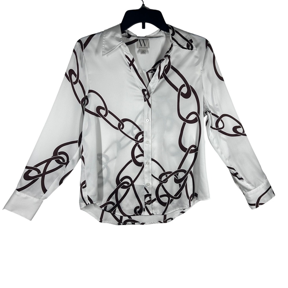 Worthington Petite Medium‎ White Chain Print Long Sleeve Button Up Shirt NEW